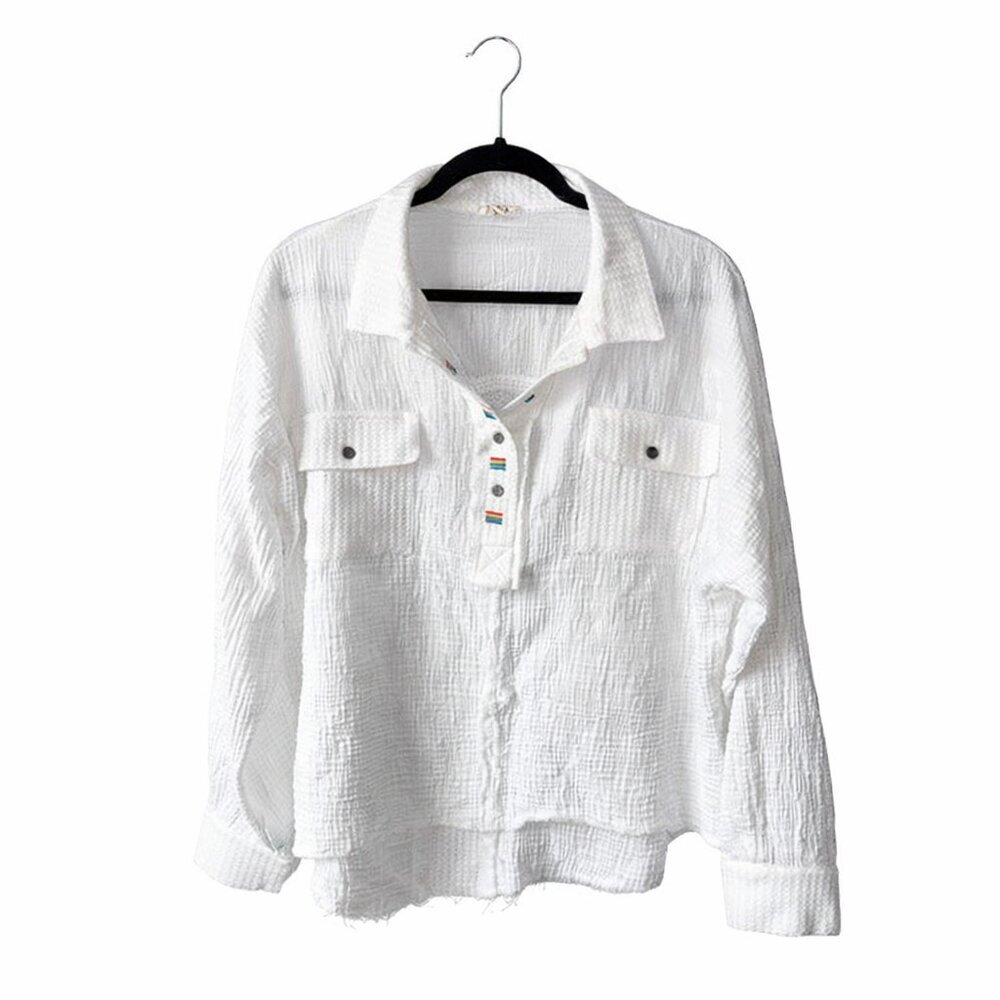 POL White Gauze Button Front Shirt Small Rainbow Stitch Cotton Boho Oversized